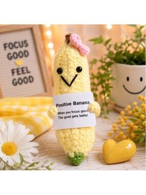 Positive Banana Crochet Plush with Pink Bow Inspirational Gift